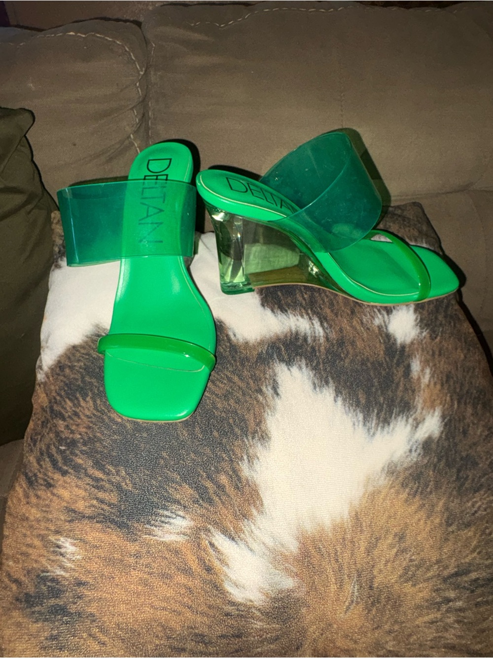 DELANEY Neon Green Clear Strap Block Heel Mules